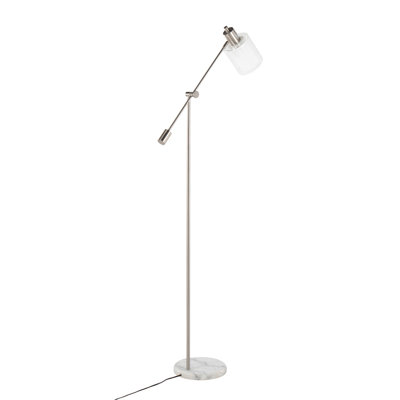 Marcel Contemporary/Glam Floor Lamp In White Marble And Nickel Metal With Clear And Frosted Glass Shade