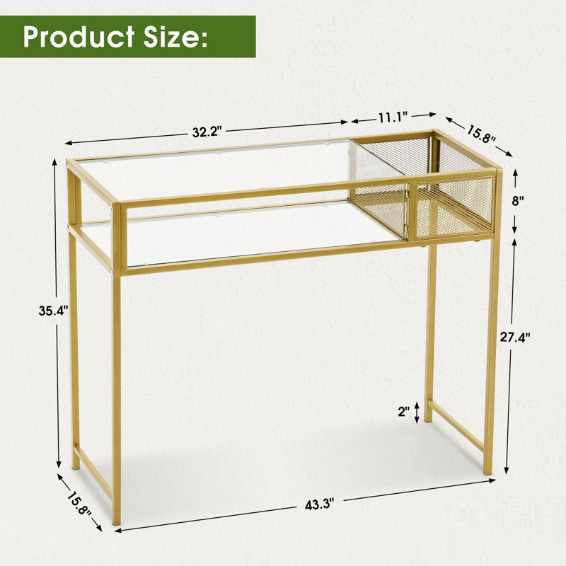 Console 43 po Maddyson avec tablettes en verre et structure en métal doré
