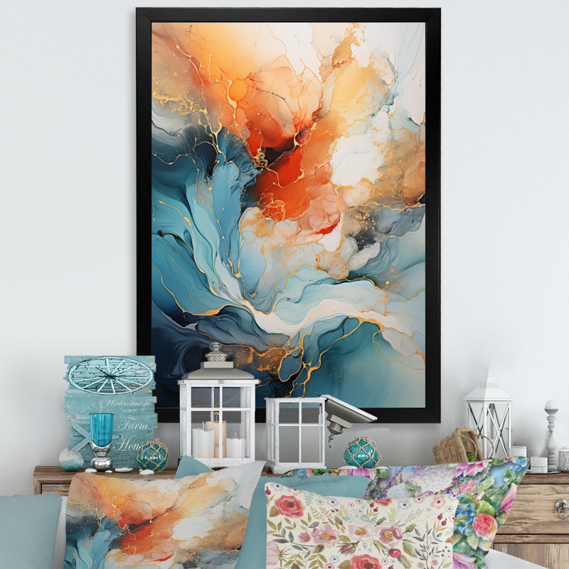 Teal Orange Bold Abstract Flow Collage II - Dams, impressions encadrées, Cadre photo unique, H 40 po x l 30 po, Black