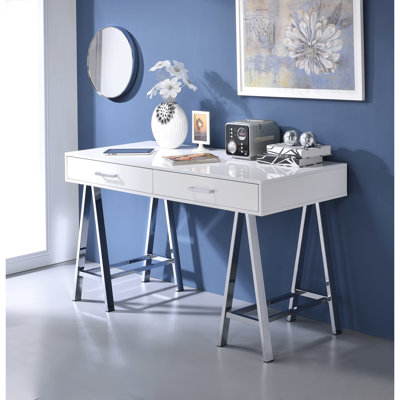 Rectangular Writing Desk With Socket And 2 Storage Bins, White Glossy, Metal Base High Gloss Work Plug Compartments, Contemporary