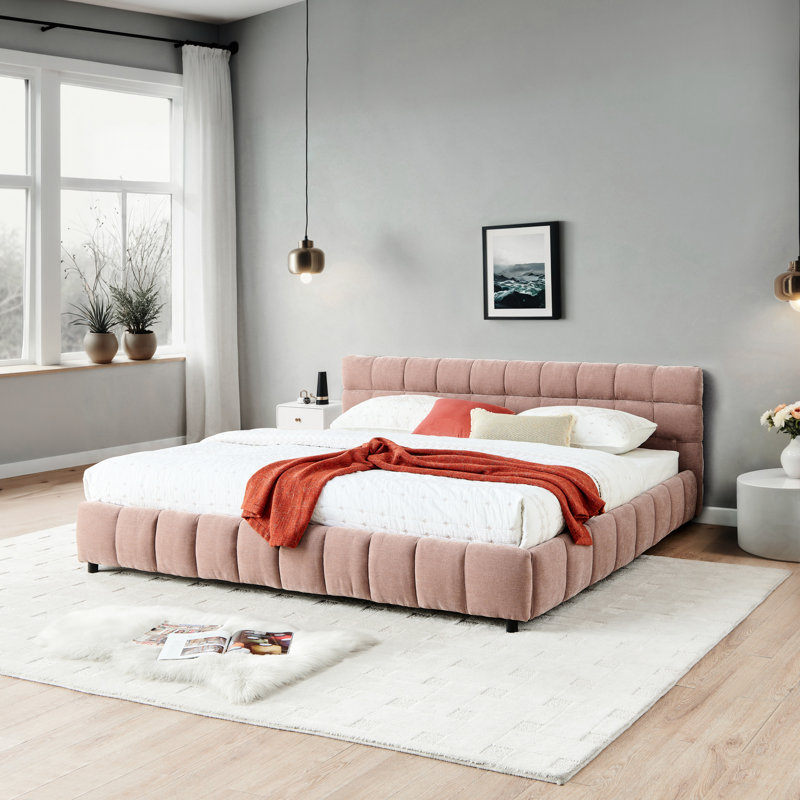 Lit très grand moderne avec revêtement en chenille rose, structure solide et tête de lit avec tiroirs de rangement
