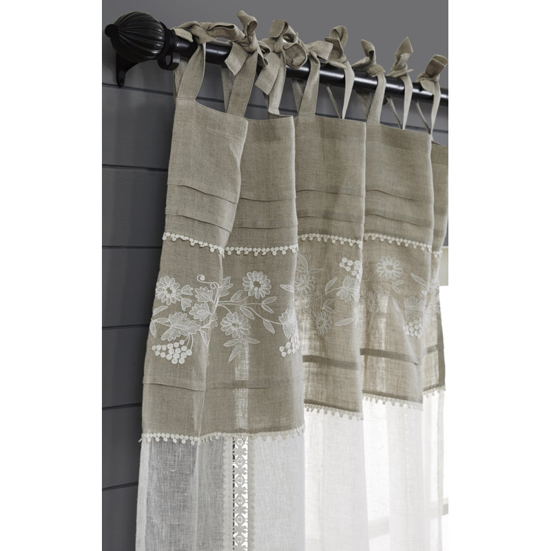Embroidery 100% Linen Sheer Lace work Curtain Panel with Tie Top for Living Room, 52" W x 108" L