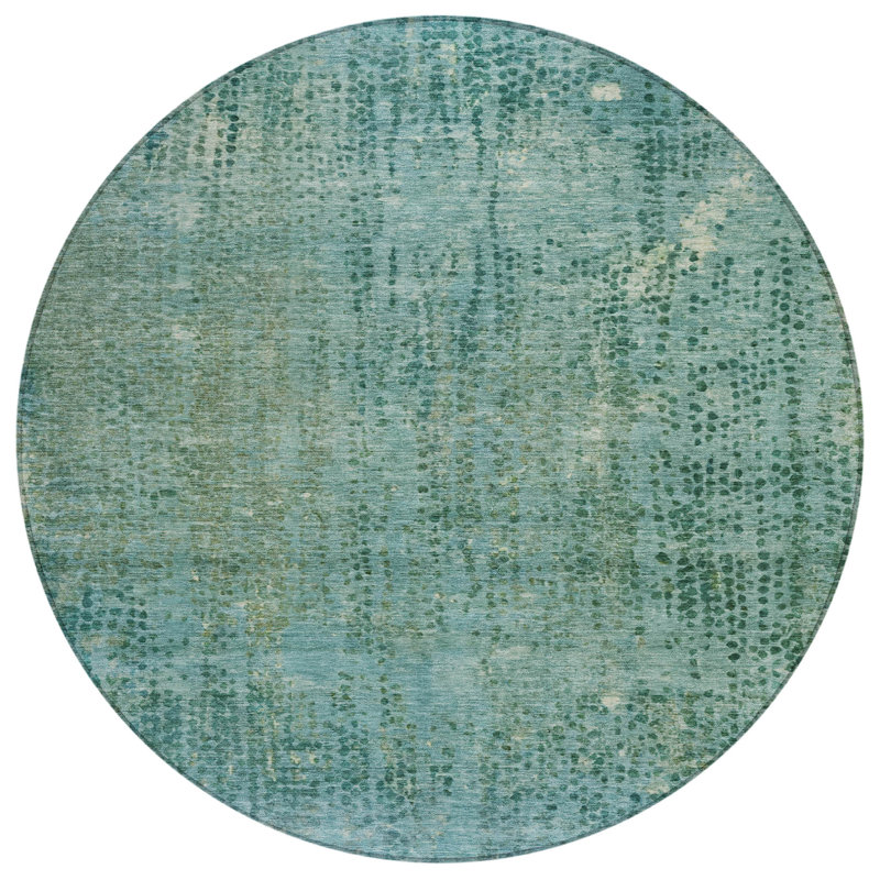 Tapis d'extérieur rond lavable abstrait bleu sarcelle et ivoire 8 pi