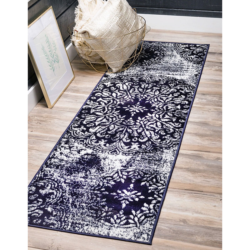 Brandt Floral Area Rug, Runner 2' x 9'10", Navy Blue