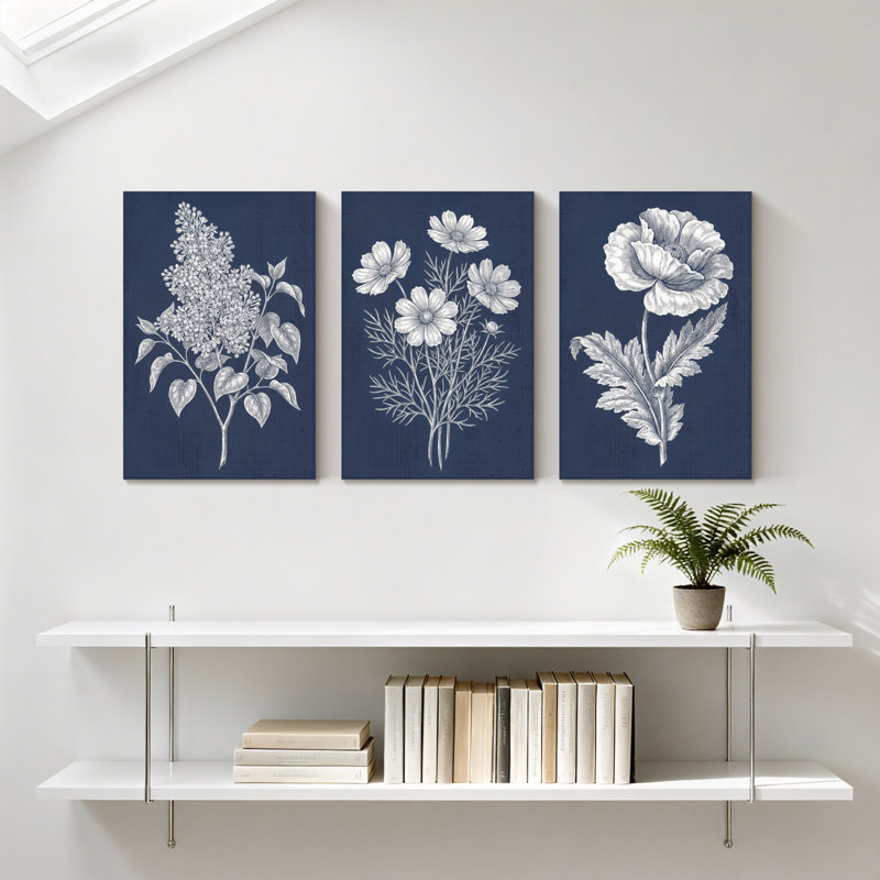 Plantes et fleurs, botanique, blanc sur fond bleu marine, ensemble de 3 impressions sur toile, H 30 po x l 60 po