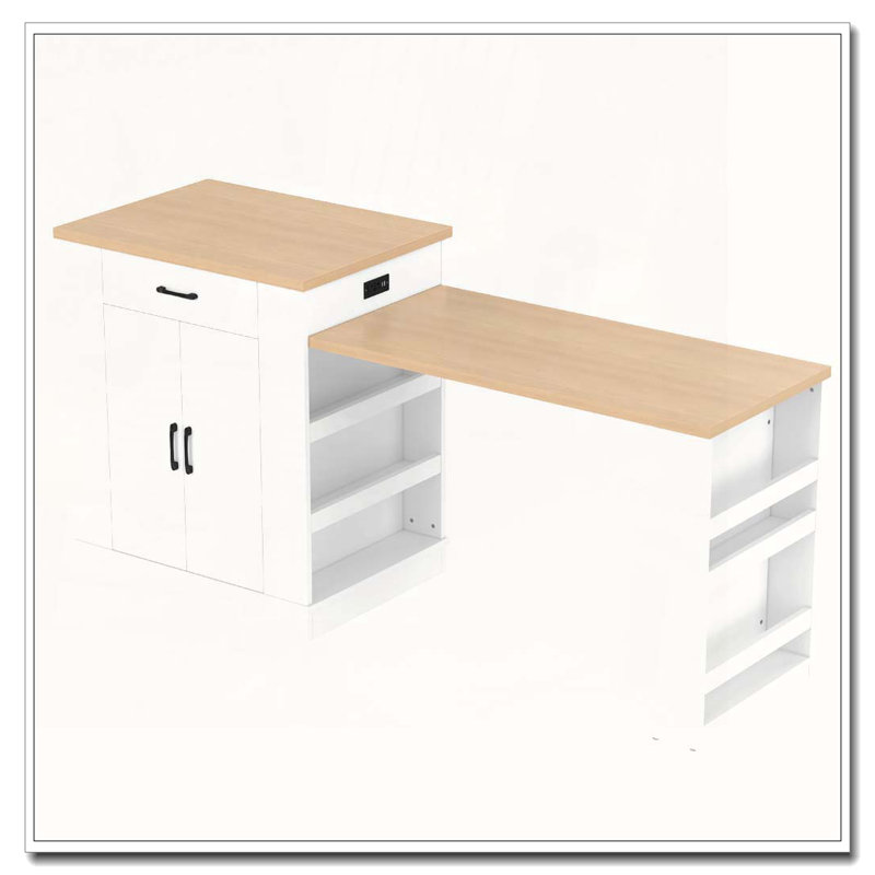 Console d'îlot extensible avec tiroirs, armoire à deux portes et tablettes ouvertes, Blanc / Brun
