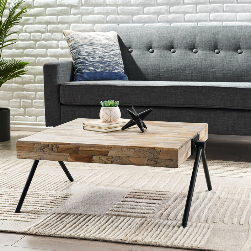 Table basse en bois de manguier gris - design industriel chic avec structure en métal et bois naturel, table de 30,5 po de largeur, robuste et 27,5 po x 14 po x 27,5 po de hauteur