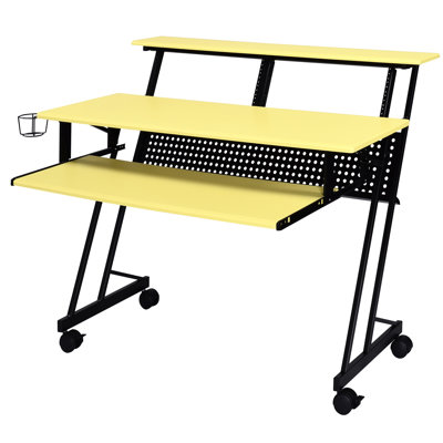 Yellow And Black Desk For Music Recording , Rectangular Office With Shelves, Stable Wooden Top Metal Frame, Easy Mobility Via Caster Wheels & Writing Use - Wood