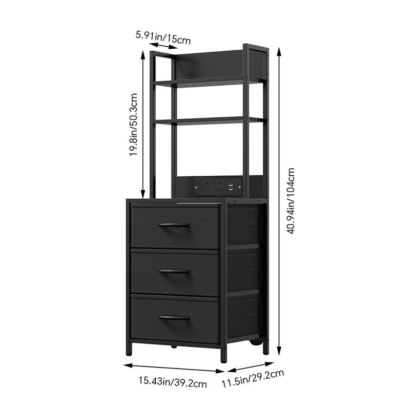 3-Drawer Nightstand with Charging Station & RGB Light Strip, Fabric Drawers, Black 