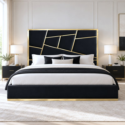 Contemporary Glam Bertoni Fully Upholstered Platform Bed, Geometric Stainless Steel Inlay Headboard, Mattress‑Ready Bed Frame, No Box Spring Required, Queen / Eastern King Size, Multiple Color Options