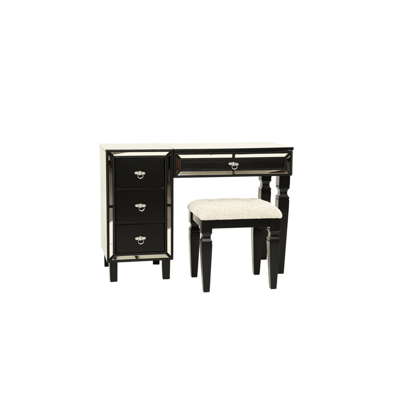 Meuble-lavabo de chambre à coucher traditionnel, noir - avec tabouret et fabrication en bois de pin formelle avec rangement de tiroir de siège confortable