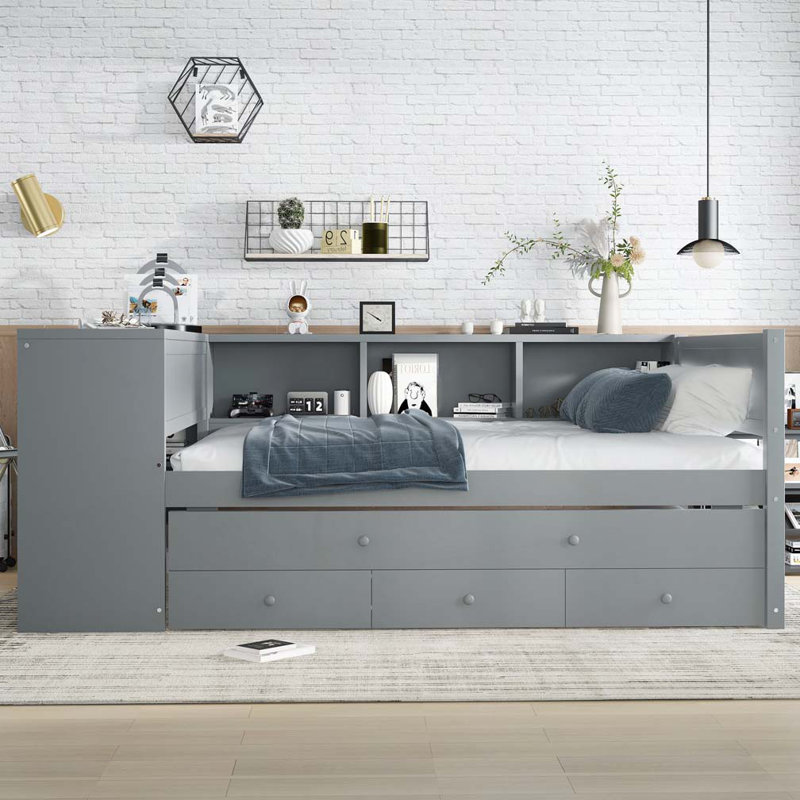 Lit de jour en bois avec couchette, tiroirs de rangement et tablettes latérales, Gris, Complet/Double