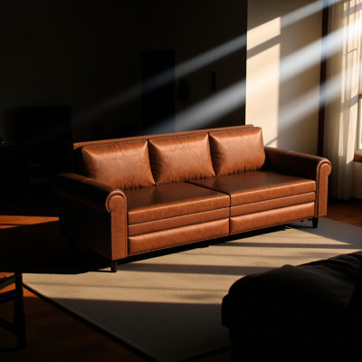 Chesterfield Sofa,93.7" King Pull Out Sofa Bed, 3-In-1 Faux Leather Convertible Sleeper Sofa With Nailhead Trim & Rolled Arm,Multi-Functional Sofa Bed,Light Brown