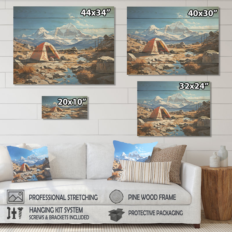Mountain Camping Solitude II - Camping Travel On Wood Print, 34" H x 44" W