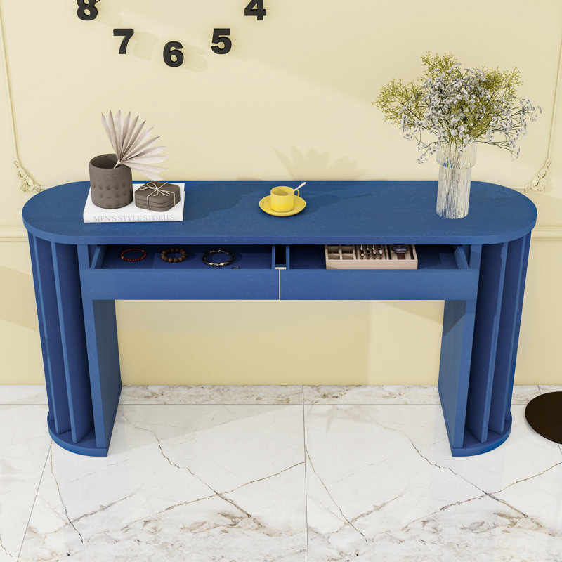 Wood Long Console Table with Storage, Navy Blue