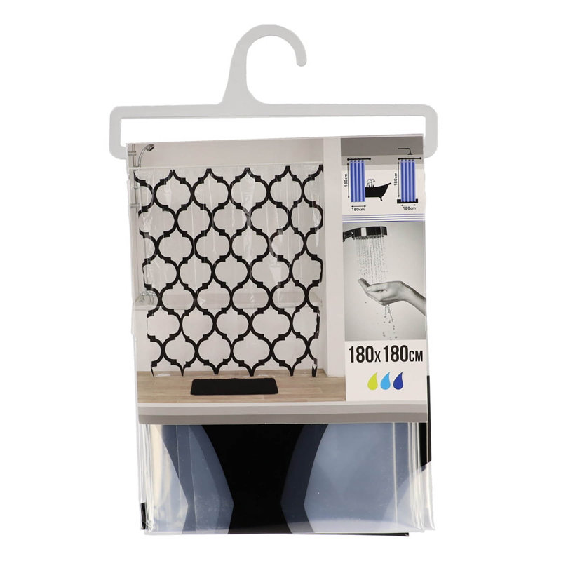 Transparent PEVA Shower Curtain with Black Arabesque Design, 71x71 Inches