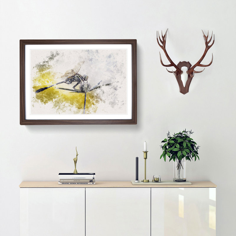 Dragonfly Upon A Thistle - Single Picture Frame Painting on MDF, 36cm H x 48cm W x 2cm D, Walnut Framed