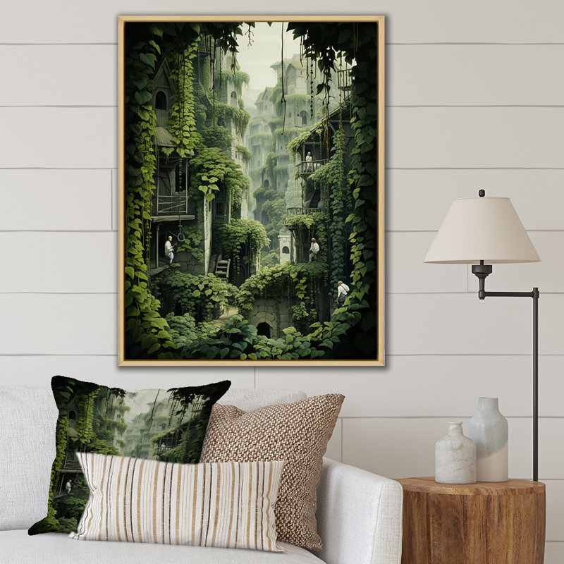 «Hidden Forest Castle Unveilé II», art mural forêt, H 40 po x l 30 po x P 1,5 po, Cadre flottant brun