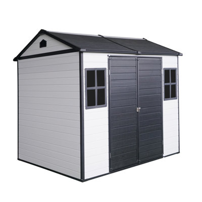 Remise de rangement en résine 8 * 6 pi avec porte verrouillable et deux bouches d'aération imperméables pour le jardin gris et blanc 8 x 6 pi, fenêtres de toit inclinées