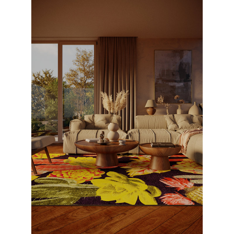 Nakiaya Hand Loomed Washable Floral Indoor Rug, Square 4'
