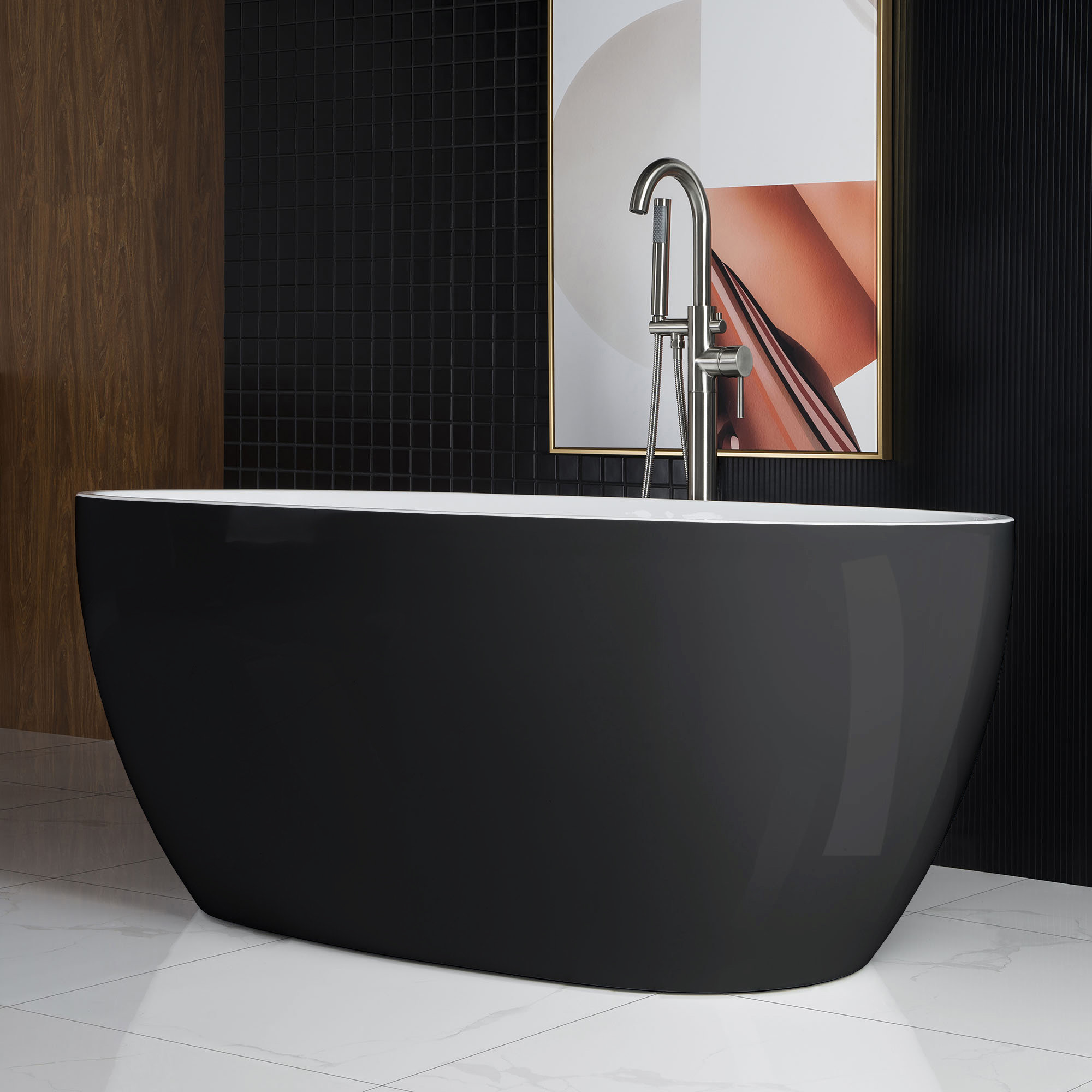 59" x 32" Freestanding Soaking Bathtub, Chrome, Black