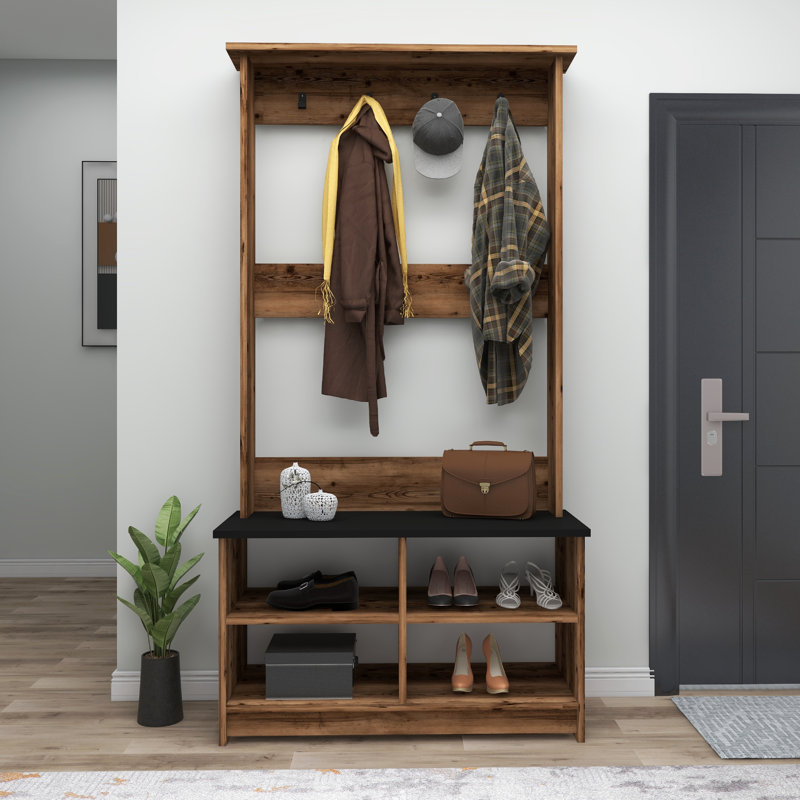 Shoe Storage Hall Tree with Lakay, Light Walnut/Black