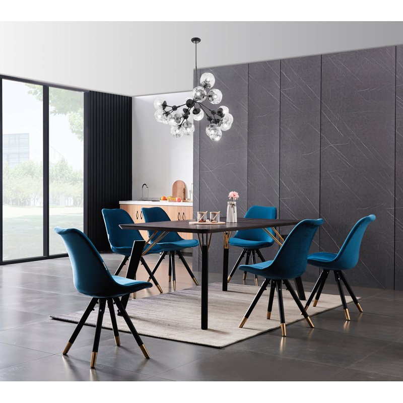 Guillermina 6 Person Dining set - a Rectangular Wooden Dining Table with Metal Legs and a Set of 6 Quilted Velvet Dining Chairs for Dining Room - Modern Dining Table Set
