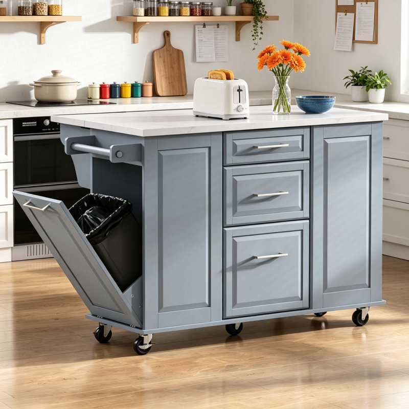 Rolling Kitchen Island Cart with Drop Leaf Countertop, Hidden Trash Compartment & Pull-Out Storage Organizer, Grey+Blue