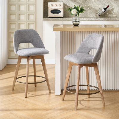 Lovetro Mid-Century Modern Swivel 26.8'' Linen Counter Stool with Solid Wood Frame
