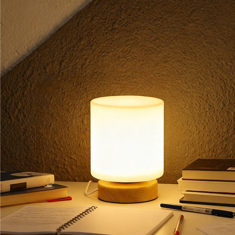 Lampe de table ronde avec lumière de nuit jaune chaud, luminosité réglable, lampe d'ambiance rechargeable USB avec cadre en bois