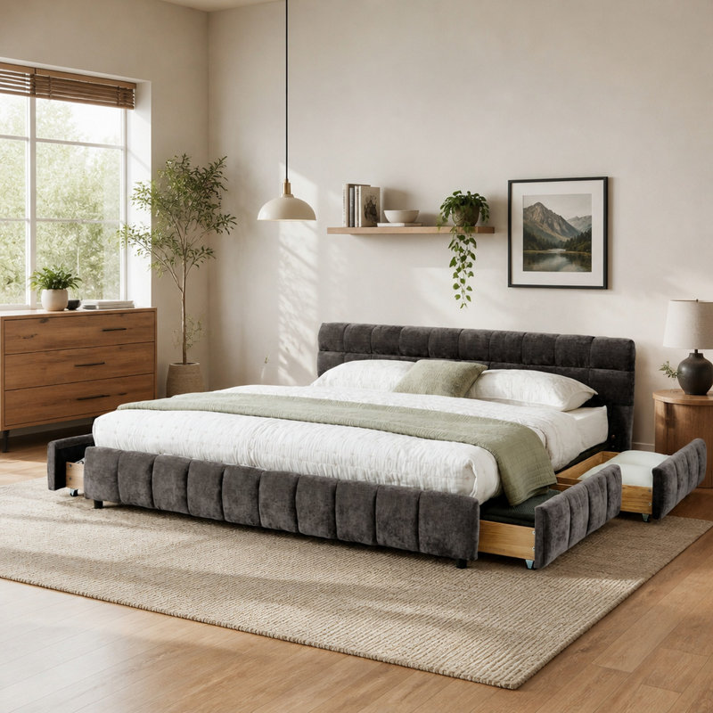 California King Upholstered Bed Frame with Chenille Fabric, Headboard and Drawer Storage, Dark Grey