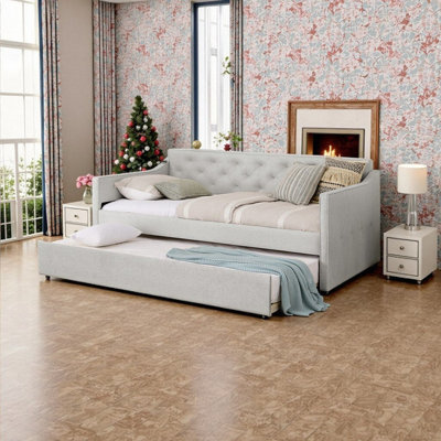 Twin Size Upholstered Daybed With Pop-Up Trundle USB Charging Plywood & MDF Frame
