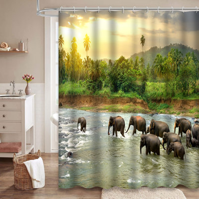 River Elephant Safari Jungle Asia Animal Shower Curtain with 12 Hooks