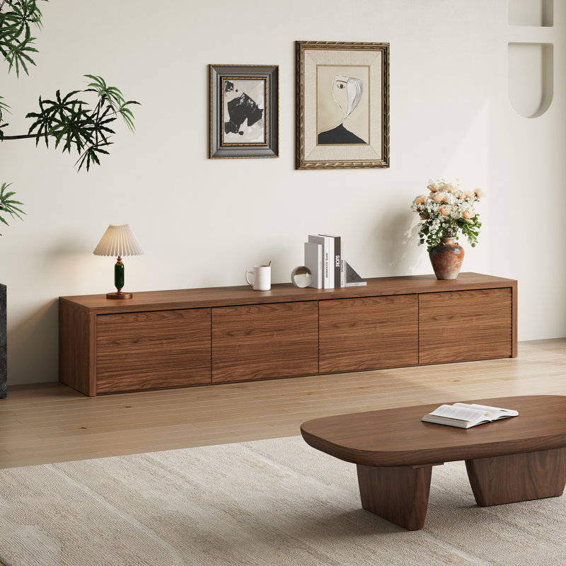 Meuble télé 78,7 po Mid-Century en bois brun, console multimédia moderne avec 4 tiroirs