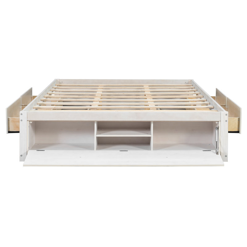 Structure de lit plateforme grand format avec 4 tiroirs de rangement et pied de lit relevable hydraulique, sans tête de lit, moderne et peu encombrant, blanc
