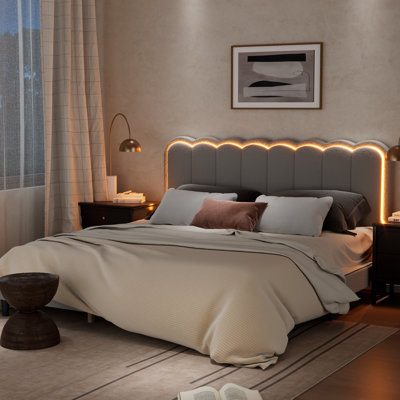 Solid Wood King Size Boucle Platform Bed with Rounded Headboard in Dove Gray with DIY Multicolor RGB Lights