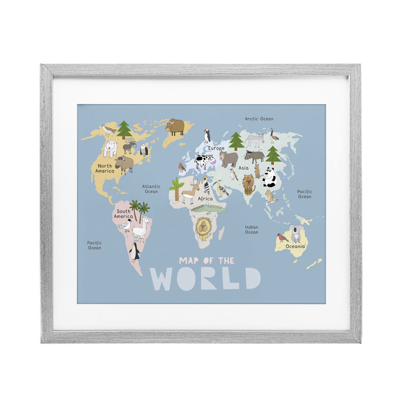 «Kid's Map of World», reproduction encadrée sous verre, par Carla Daly, Cadre de ferme gris, H 17 po x l 21 po