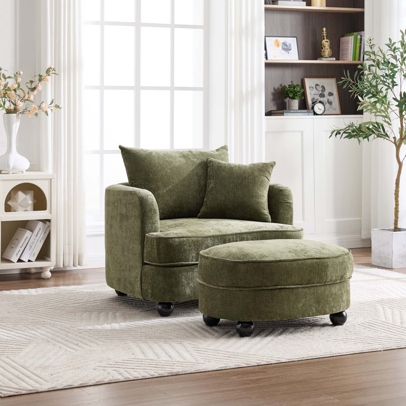 40.2 " Modern Chenille Accent Chair,comfy Reading Chair With Storage Ottoman, Green