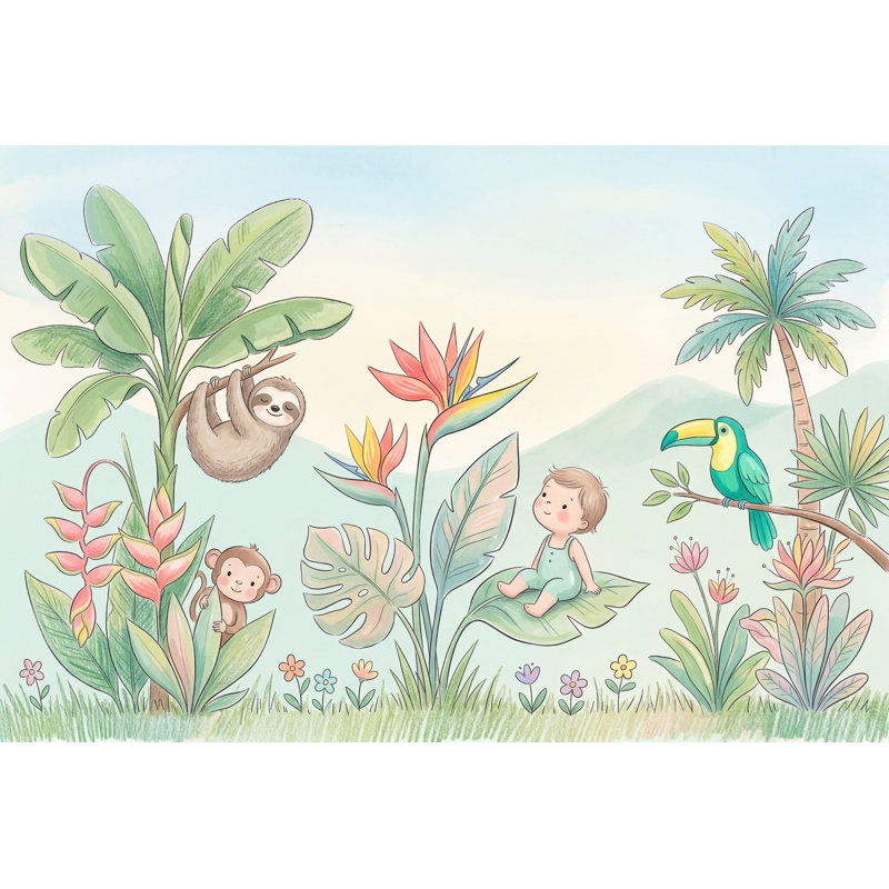 Décoration murale aquarelle tropicale Jungle, 100 po x 96 po, Texturé non collé