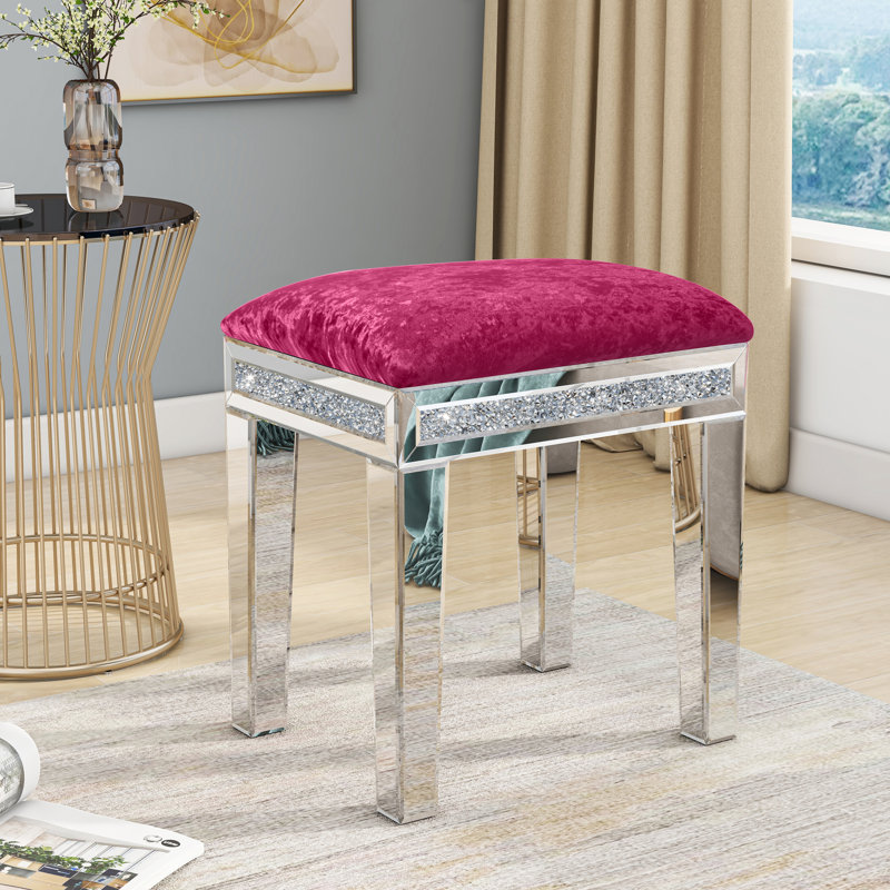 Mikayil Glass Mirrored Accent Stool Diamonds Vanity Stool, Pink