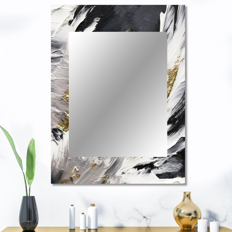 Wild Wave Bliss Abstract Gold White Black VIII - Abstract Painting Decorative Wall Mirror, Modern Large Mirror, Printed Metal Art