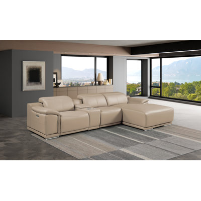 DivanItalia Cream Right-Facing 4-Piece L-Shaped Sectional in Top-Grain Italian Leather with 2 Power Recliners & Adjustable Headrests