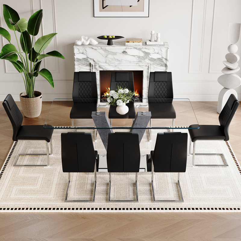 71″ Modern Glass Dining Table Set for 6–8 – Tempered Glass Dining Table with PU Leather Chairs, Stylish Kitchen & Dining Room Set