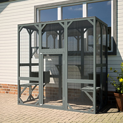 Large Outdoor , Grey, 71 L *37 W *71 H , 5 Jump Platforms, 2 Condos, And A Galvanized Mesh For Protection Cat House Enclosure, Scratch - Wood, Jumping