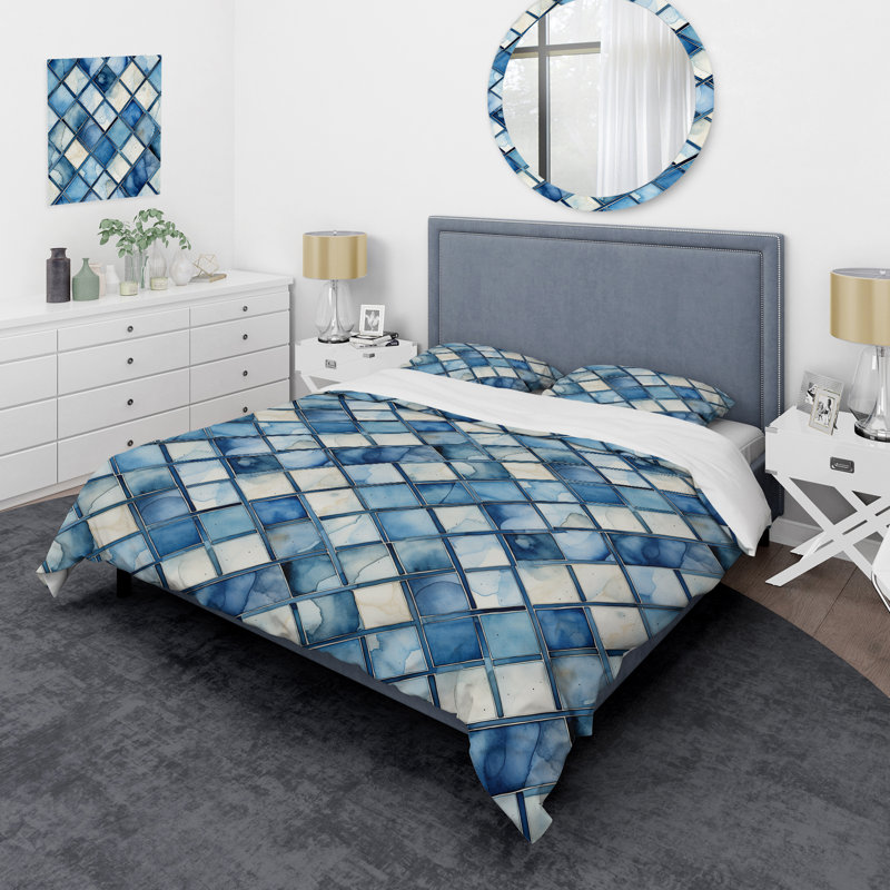 Rustic Blue Cubic Lattices Elegance - Ensemble de housse de couette géométrique