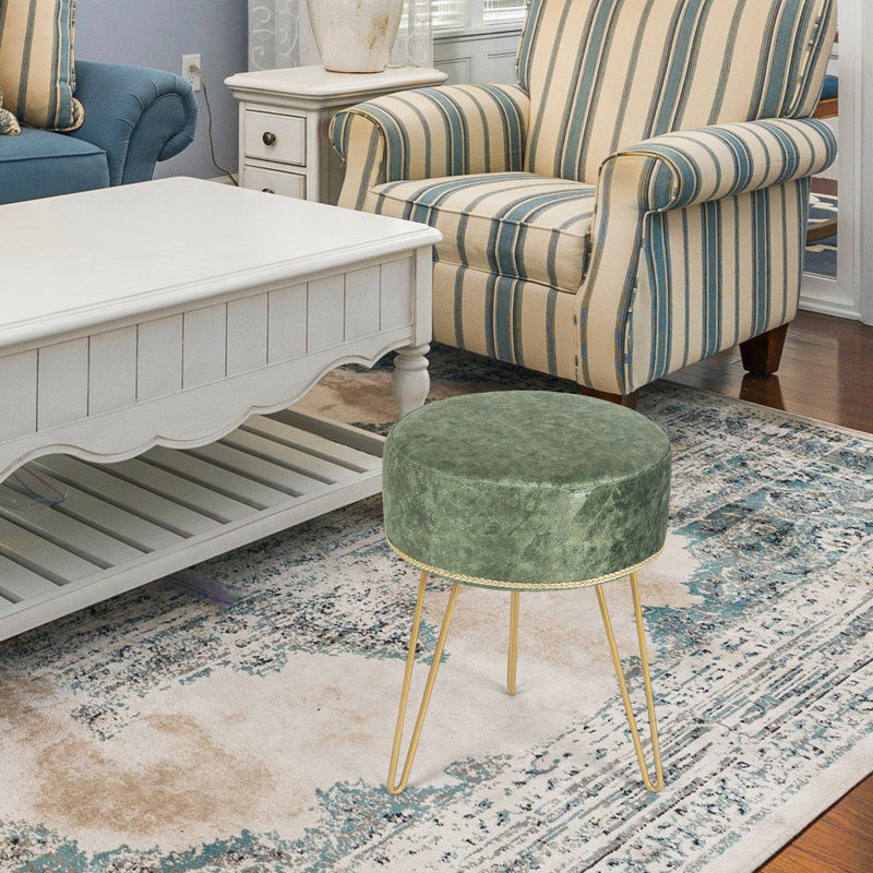 Velvet Round Footstool Ottoman, Green Velvet