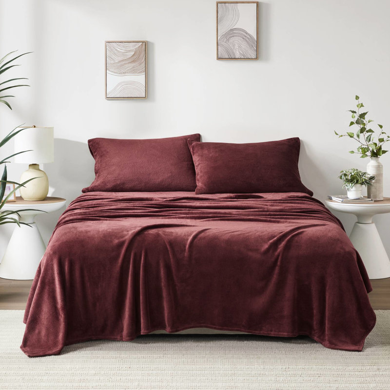 Ensemble de draps pour grand lit 4 pièces 100% ultra doux bourgogne avec draps-housses plats et 2 taies d'oreiller brossées des deux côtés Lavable à la machine