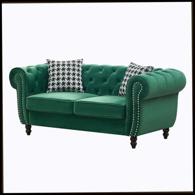 65"Chesterfield ‌Velvet Upholstery Fabric Sofa With Roll Armrest & Nailhead,Upholstered Mid Century Modern Couch,2 Seater Couch For Living Room, Office, Apartment, Green