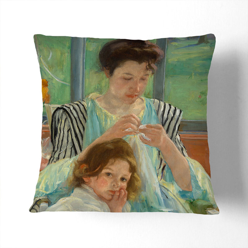 Young Mother Sewing Square Throw Cushion, 40cm H x 40cm W x 15cm D, Stone