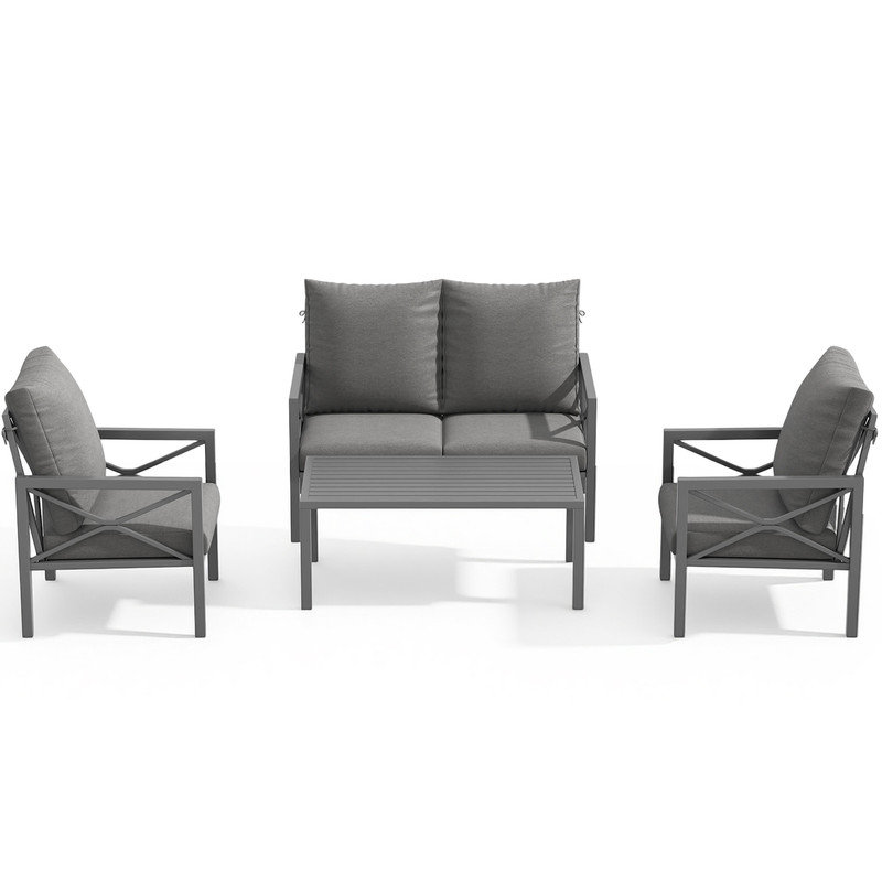 Ensemble de meubles de patio 4 pièces, ensemble de conversation pour l'extérieur en métal avec table basse, ensembles de canapé d'extérieur pour balcon, porche, bord de piscine, gris